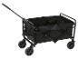Schwarzer faltbarer Transportwagen mit Rädern und Seitentaschen.