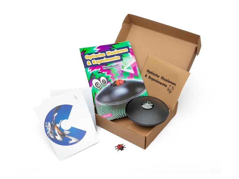 Set für optische Illusionen und Experimente, inklusive Buch, Karten und Parabolspiegel.