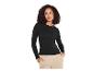 Frau in schwarzem Langarmshirt und beiger Hose, blickt zur Seite.