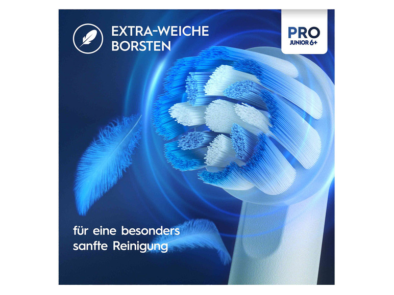 Ein Oral-B Pro Junior 6+ Bürstenkopf mit extraweichen Borsten.
