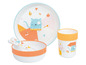 Ein Kinder-Essbesteck-Set mit Teller, Schüssel, Becher und Löffel mit Katzenmotiv.