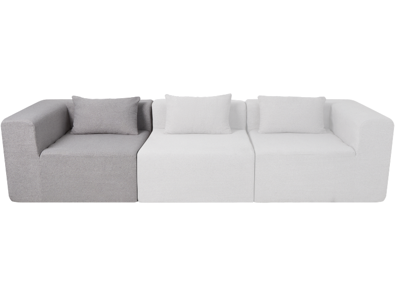 Modulares Dreisitzer-Sofa mit Kissen, ein graues und zwei weiße Module.