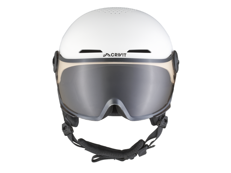 Weißer Skihelm mit integriertem Visier und verstellbarem Kinnriemen.