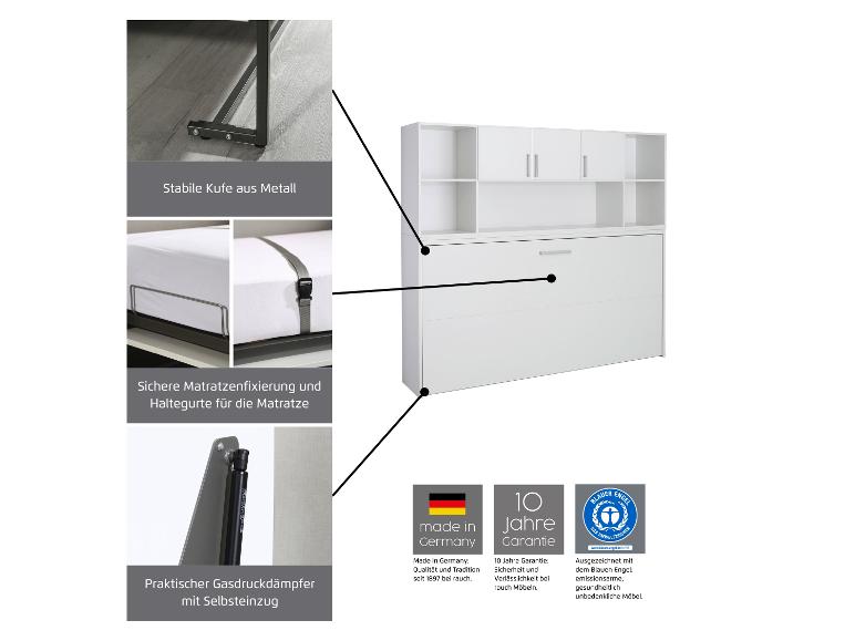 Weißes Klappbett mit Regalen, Details des Metallgestells, Matratzenfixierung und Gasdruckdämpfer.