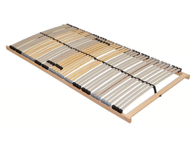 Lattenrost aus Holz mit schwarzen und grauen Halterungen.