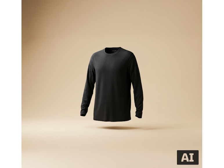 Schwarzes Langarmshirt für Herren, schwebend vor beigem Hintergrund.