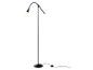 Schwarze Stehlampe mit verstellbarem Arm und leuchtendem Kopf.