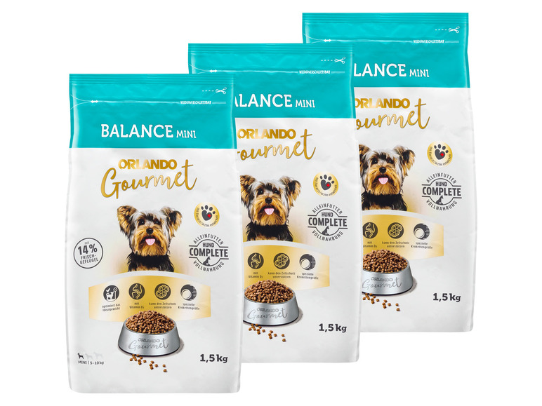 Gehe zu Vollbildansicht: ORLANDO Gourmet Hundetrockenfutter Balance Mini, 3 x 1,5 kg - Bild 1