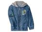 Kinder-Jeansjacke mit grauer Kapuze und Cartoon-Hundepatch.