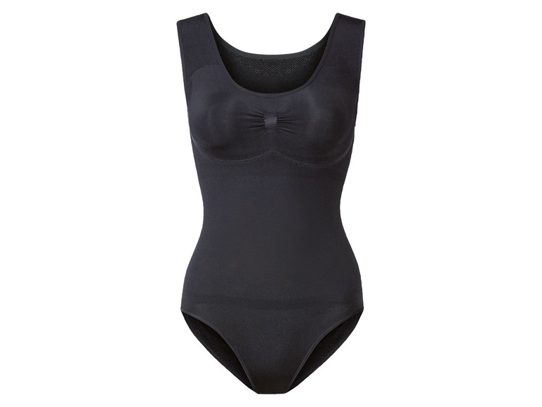 Ein schwarzer, nahtloser Body mit integriertem BH.