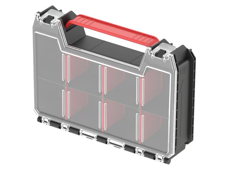 Transparenter Werkzeugorganizer mit rotem Griff und sechs Fächern.