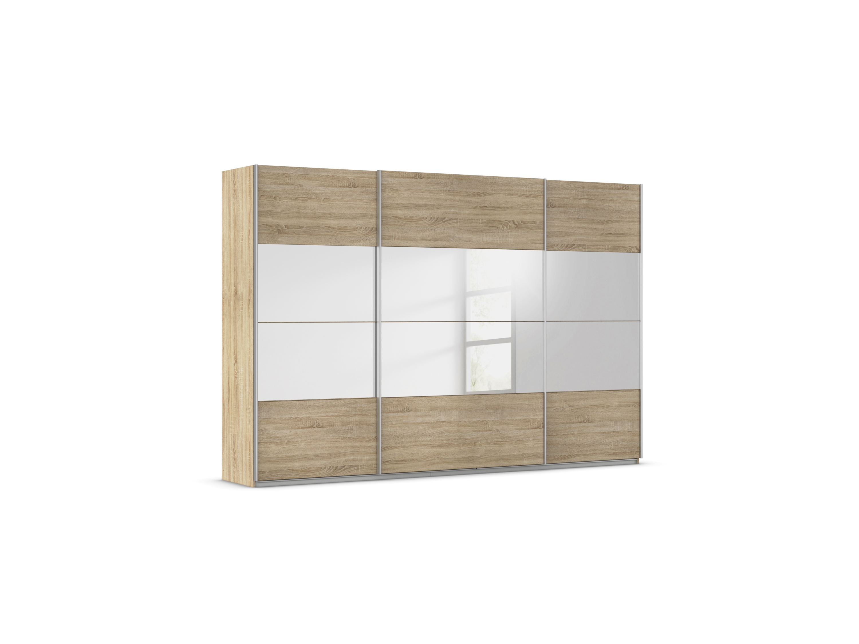 RAUCH ORANGE Quadra Schwebetürenschrank mit Spiegelelementen (Premium-Zubehör, Korpus: Eiche, 315 x 210 cm)