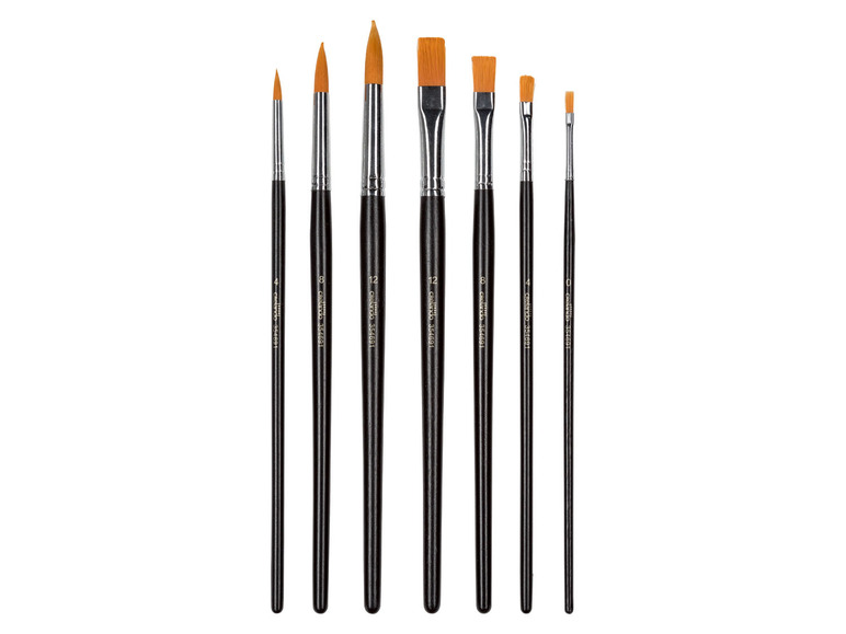 Sechs Pinsel in einer Reihe, inklusive flache und runde Formen.