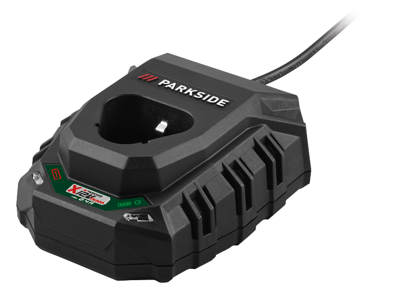 Schwarzes Akkuladegerät für Elektrowerkzeuge mit X 12 V Team-Logo und Leuchtanzeigen.