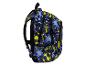 Blauer und gelber Rucksack mit Fußballmuster und mehreren Reißverschlüssen