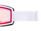 Nahaufnahme einer Skibrille mit weißem Band und geprägtem Logo.