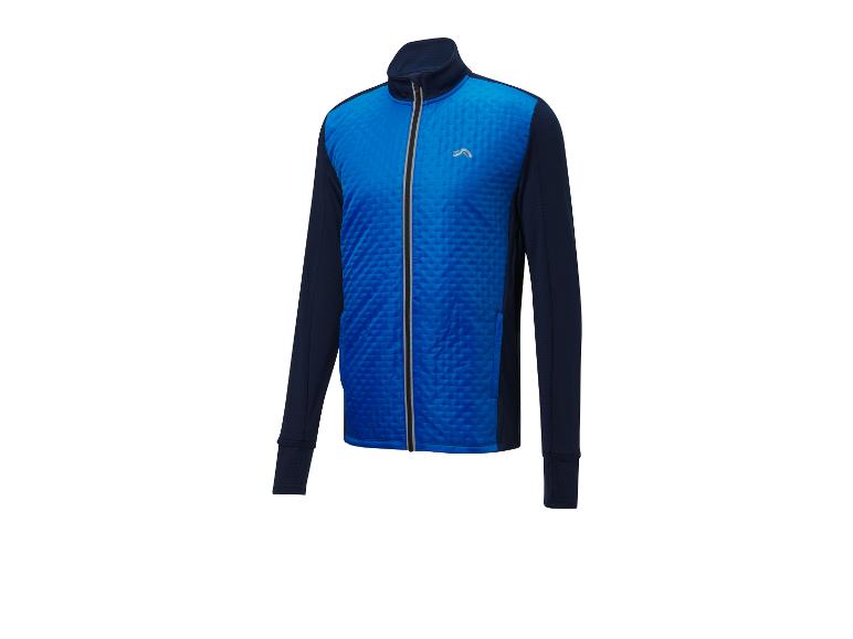 Blaue und marineblaue gesteppte Sportjacke mit langen Ärmeln.