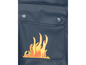 Eine dunkelblaue Regenjacke mit einer Tasche und einem Flammen-Motiv.