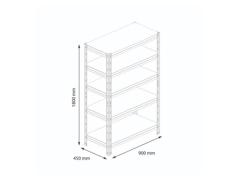 Metallregal mit fünf Böden, 1800 mm hoch, 900 mm breit und 450 mm tief.
