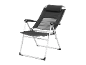 Klappbarer Campingliegestuhl in Schwarz und Grau mit Aluminiumrahmen.