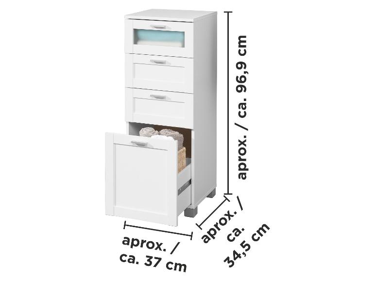 Weißer Badezimmerschrank mit Schubladen und Kippwäschekorb, mit Maßen.