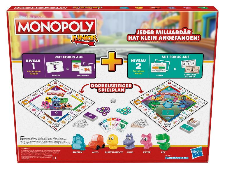 Monopoly Junior mit doppelseitigem Spielplan und Figuren von Pinguin, Auto, Quietscheente, Hund, Katze und Dino.