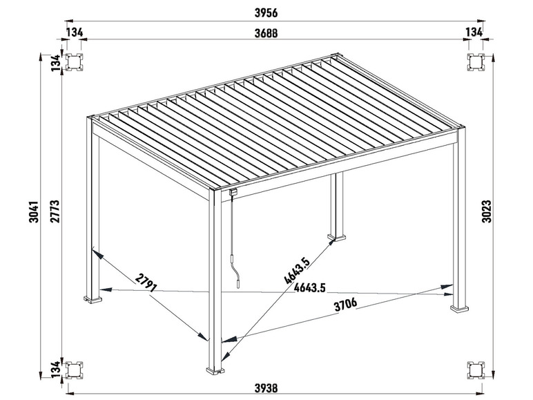 Technische Zeichnung einer Pergola mit Maßen.