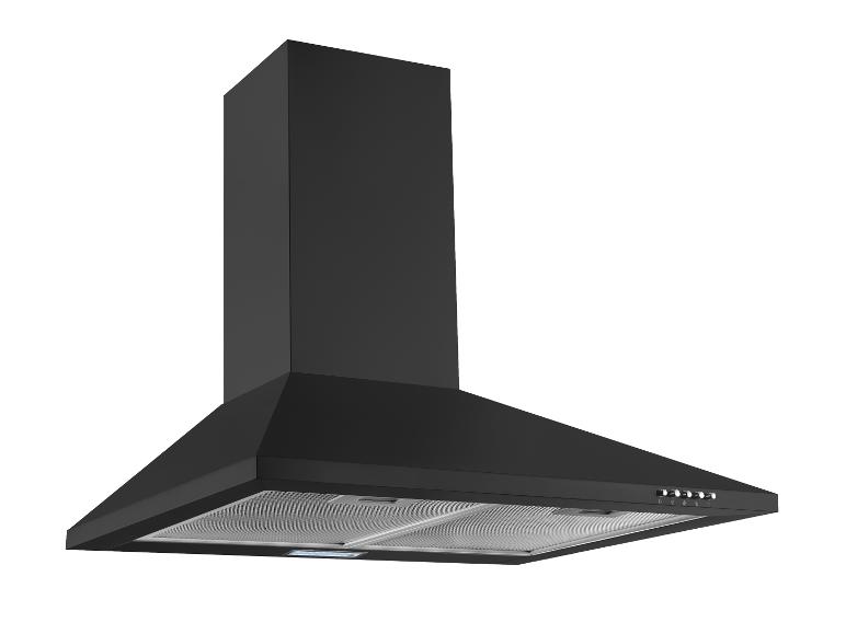 Schwarze Küchenabzugshaube mit Bedientasten und Netzfiltern