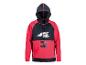 Rot-schwarzer Hoodie mit weißem Logo und schwarzem Kordelzug
