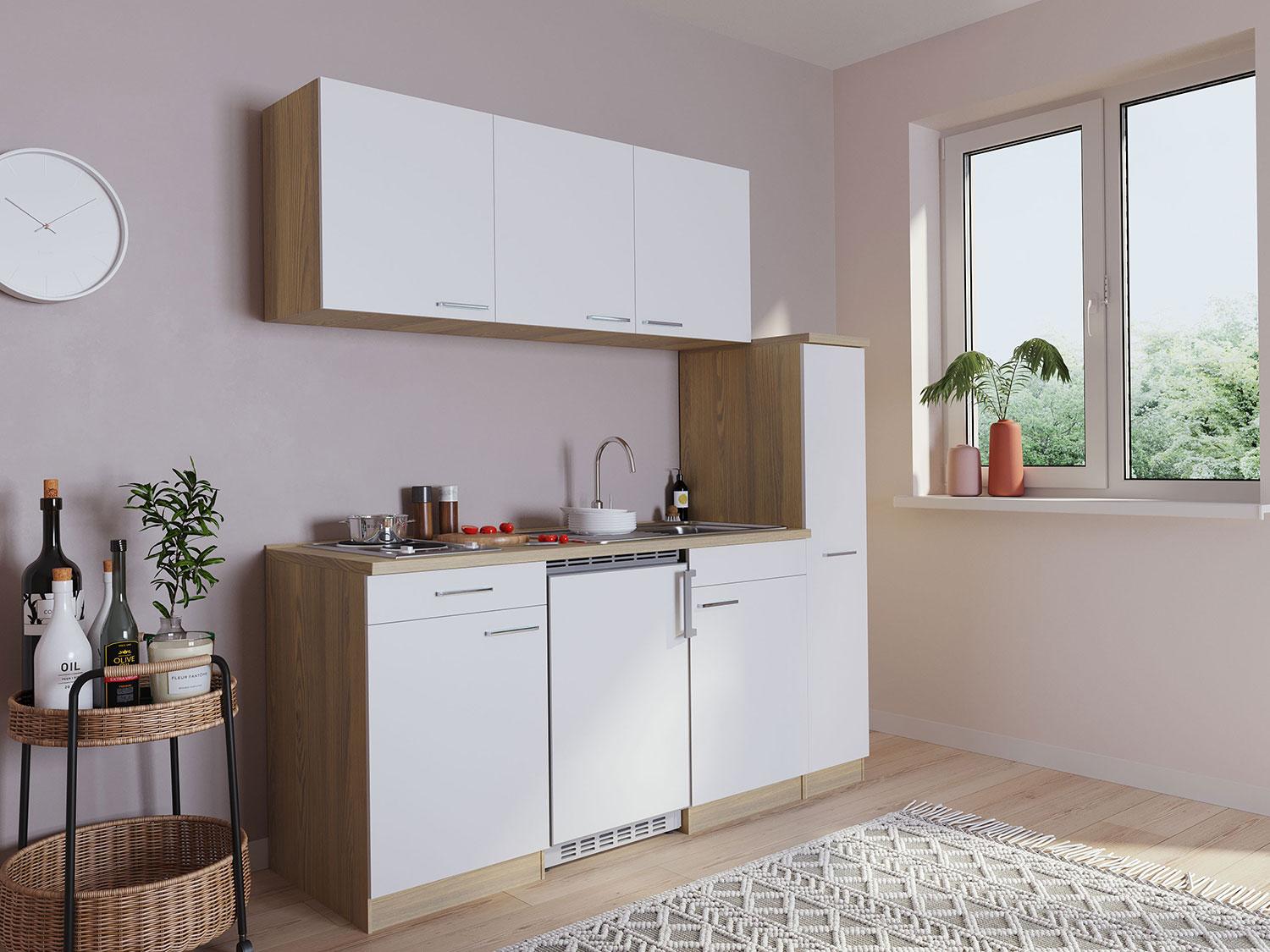 RESPEKTA Singleküche Eiche Sonoma Sägerau 150/160/180cm (ohne Mikrowelle, weiß mit Kochmulde, Breite 180cm) – Bild 2 von 4