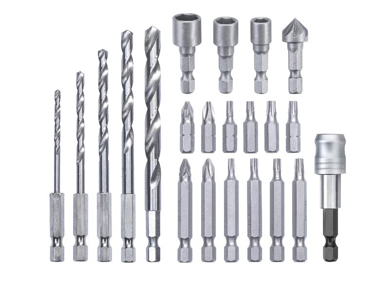 Bohrer- und Bit-Set mit Bohrern, Steckschlüsseln und Bits in verschiedenen Größen.