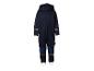 Dunkelblauer Kinder-Softshell-Overall mit reflektierenden Details und Kapuze.