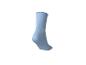 Ein einzelner hellblauer, gerippter Socken mit Rüschenrand.