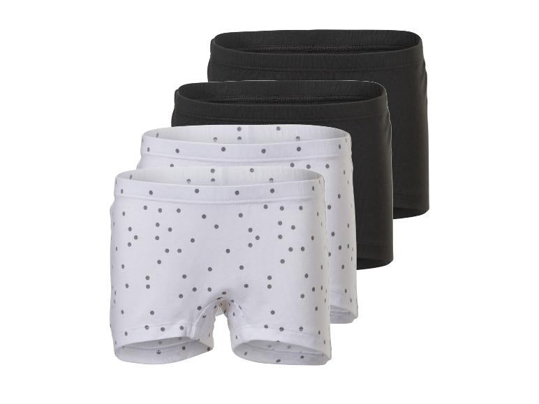 Dreierpack Mädchen-Boxershorts: zwei schwarze und eine weiße mit grauen Punkten.