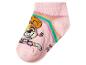 Rosa Kindersocke mit Welpenillustration und Regenbogenstreifen