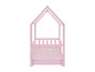 Ein rosa Bett mit einem Haus-Kopfteil und einem ausziehbaren Bett.