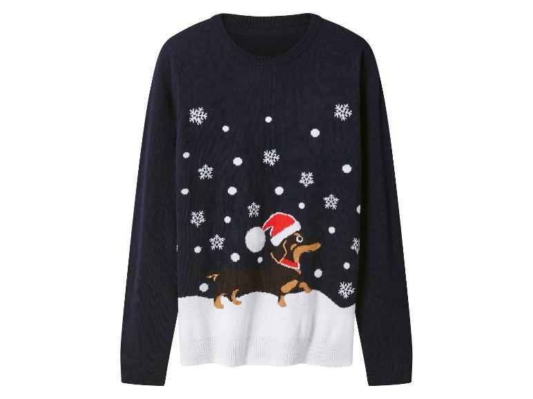 Dunkelblauer Weihnachtspullover mit Dackel in Weihnachtsmütze und Schneeflocken.