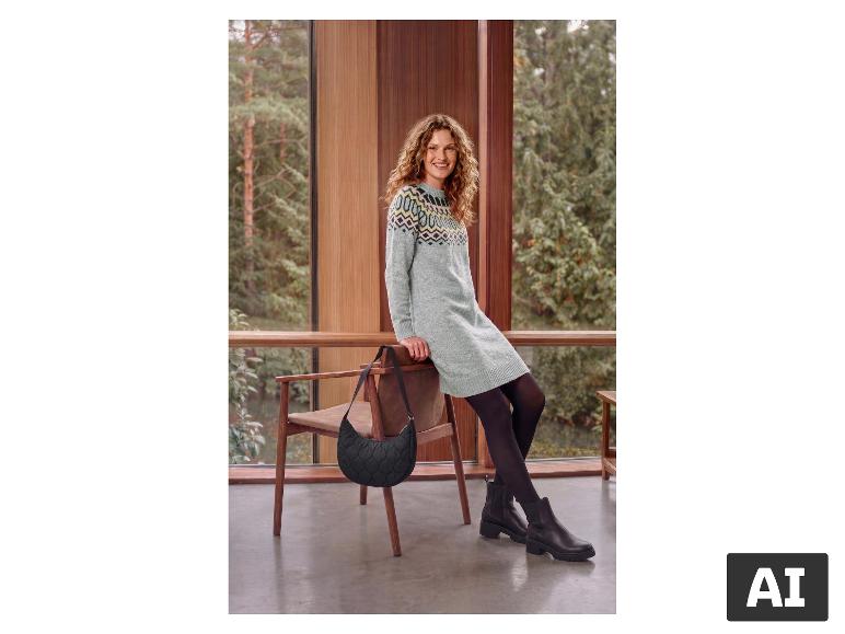 ESMARA® Damen Strickkleid mit Muster, schwarze Strumpfhose und Stiefel, mit schwarzer Tasche [KI-generiertes Bild]