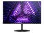 Schwarzer Computermonitor mit einem abstrakten Bild von violetten Lichtern auf dem Bildschirm.