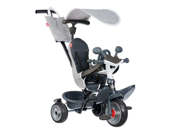 Smoby Baby Drive Dreirad in Grau mit Sonnenschutz und Tasche.