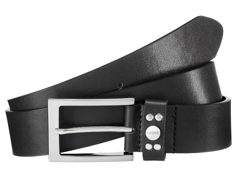 Schwarzer Ledergürtel mit silberner Schnalle und 'LOOKS'-Logo.
