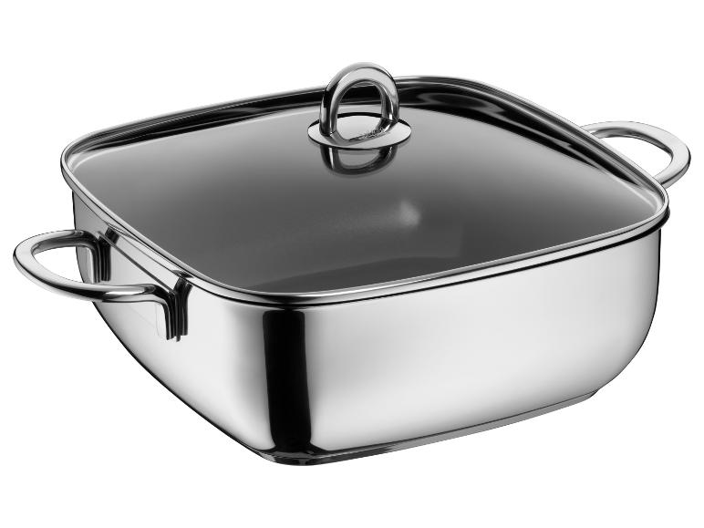 Quadratischer Edelstahltopf mit Glasdeckel und Griffen