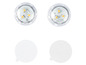 Zwei LED-Lampen mit drei Lichtern und zwei runde Aufkleber.