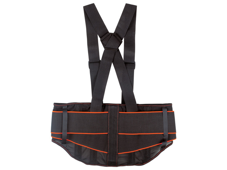 Schwarzer Rückenstützgürtel mit breitem Gurt und Schultergurten.