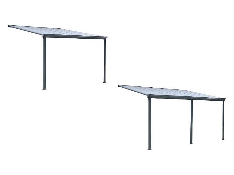 Zwei Terrassenüberdachungen mit grauem Metallrahmen und transparentem Dach