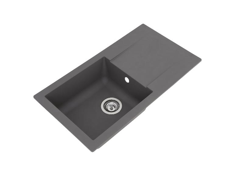 Graue Küchenspüle mit einem Becken und Abtropffläche