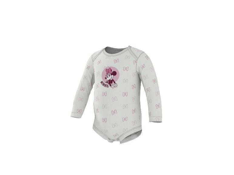 Weißer langärmeliger Baby-Body mit Minnie-Maus-Motiv und rosa Schleifen.