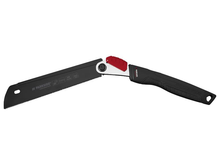 Schwarze Klappsäge mit rotem Verriegelungsmechanismus und ergonomischem Griff.