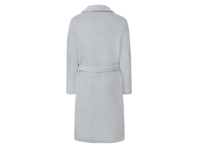 Ein grauer Bademantel mit Gürtel.
