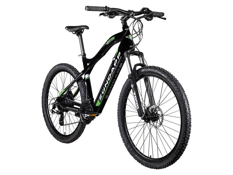 Ein schwarzes Zündapp Elektro-Mountainbike mit grünen Details.